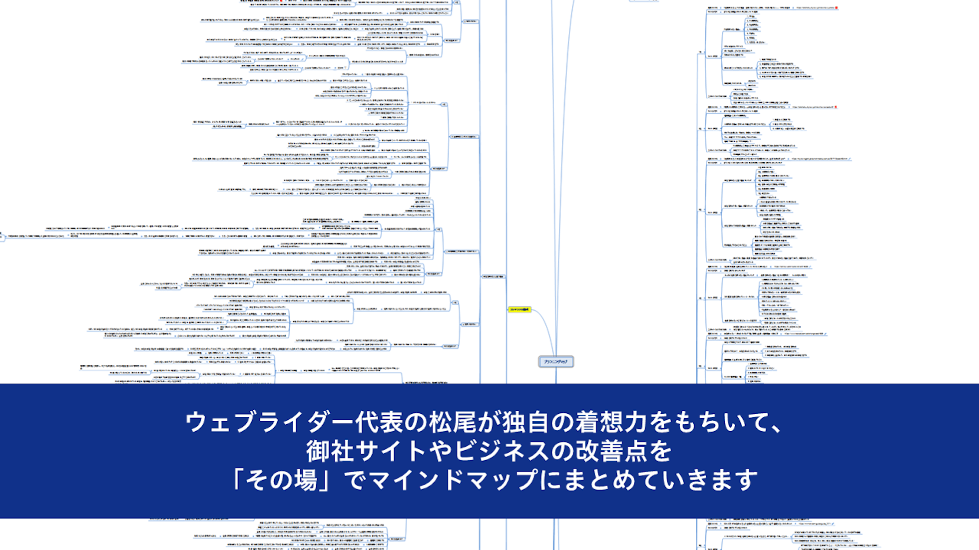 ウェブライダー代表の松尾が独自の着想力をもちいて、御社サイトやビジネスの改善点を「その場」でマインドマップにまとめていきます