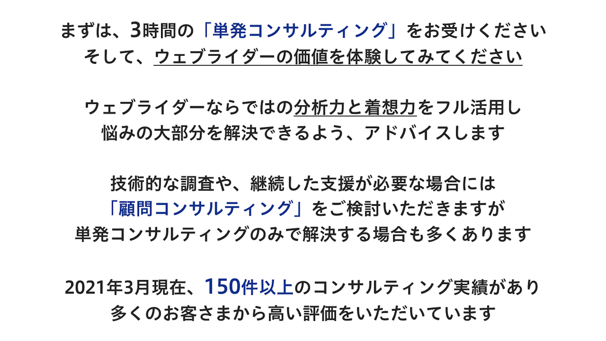 まずは、3時間の「単発コンサルティング」をお受けください。そして、ウェブライダーの価値を体験してみてください