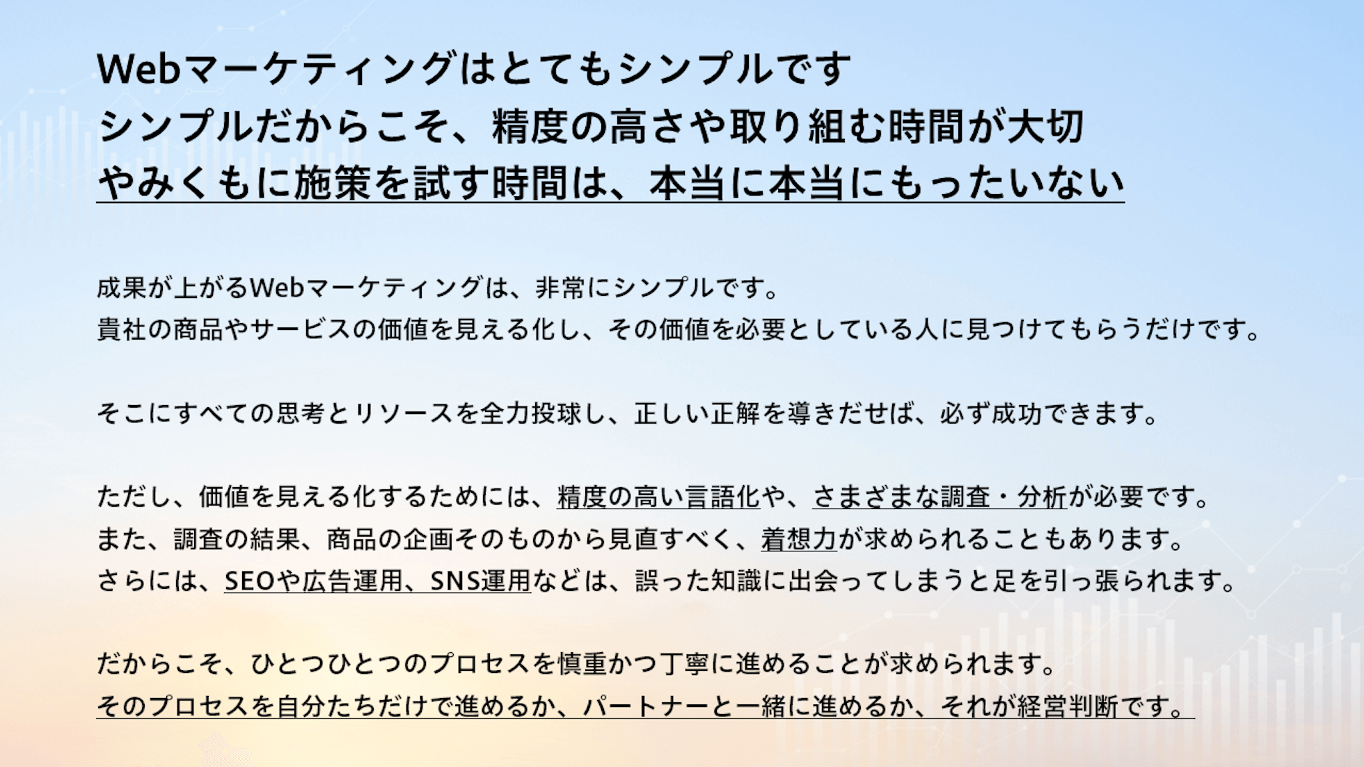 Webマーケティングはとてもシンプルです。シンプルだからこそ、精度の高さや取り組む時間が大切。やみくもに施策を試す時間は、本当に本当にもったいない