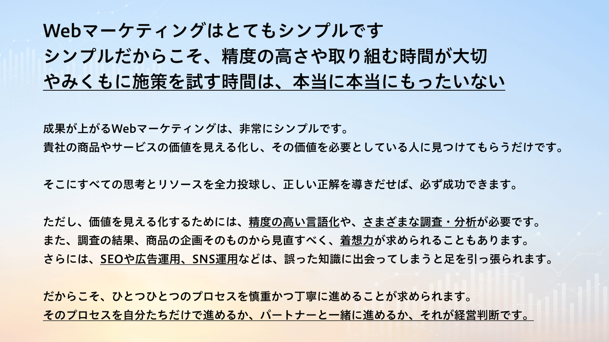 Webマーケティングはとてもシンプルです。シンプルだからこそ、精度の高さや取り組む時間が大切。やみくもに施策を試す時間は、本当に本当にもったいない