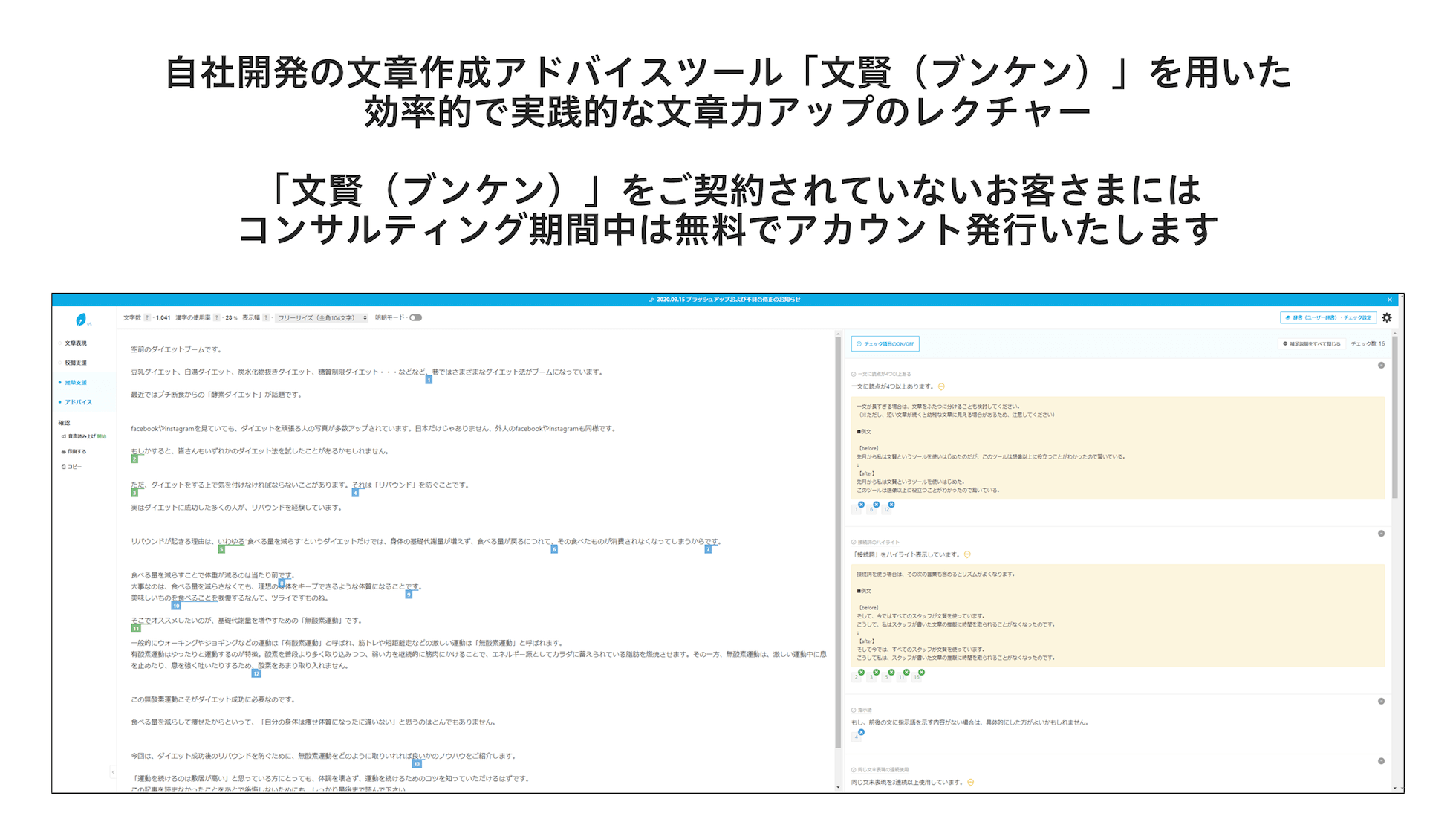 自社開発の文章作成アドバイスツール「文賢（ブンケン）」を用いた効率的で実践的な文章力アップのレクチャー。「文賢（ブンケン）」をご契約されていないお客さまにはコンサルティング期間中は無料でアカウント発行いたします