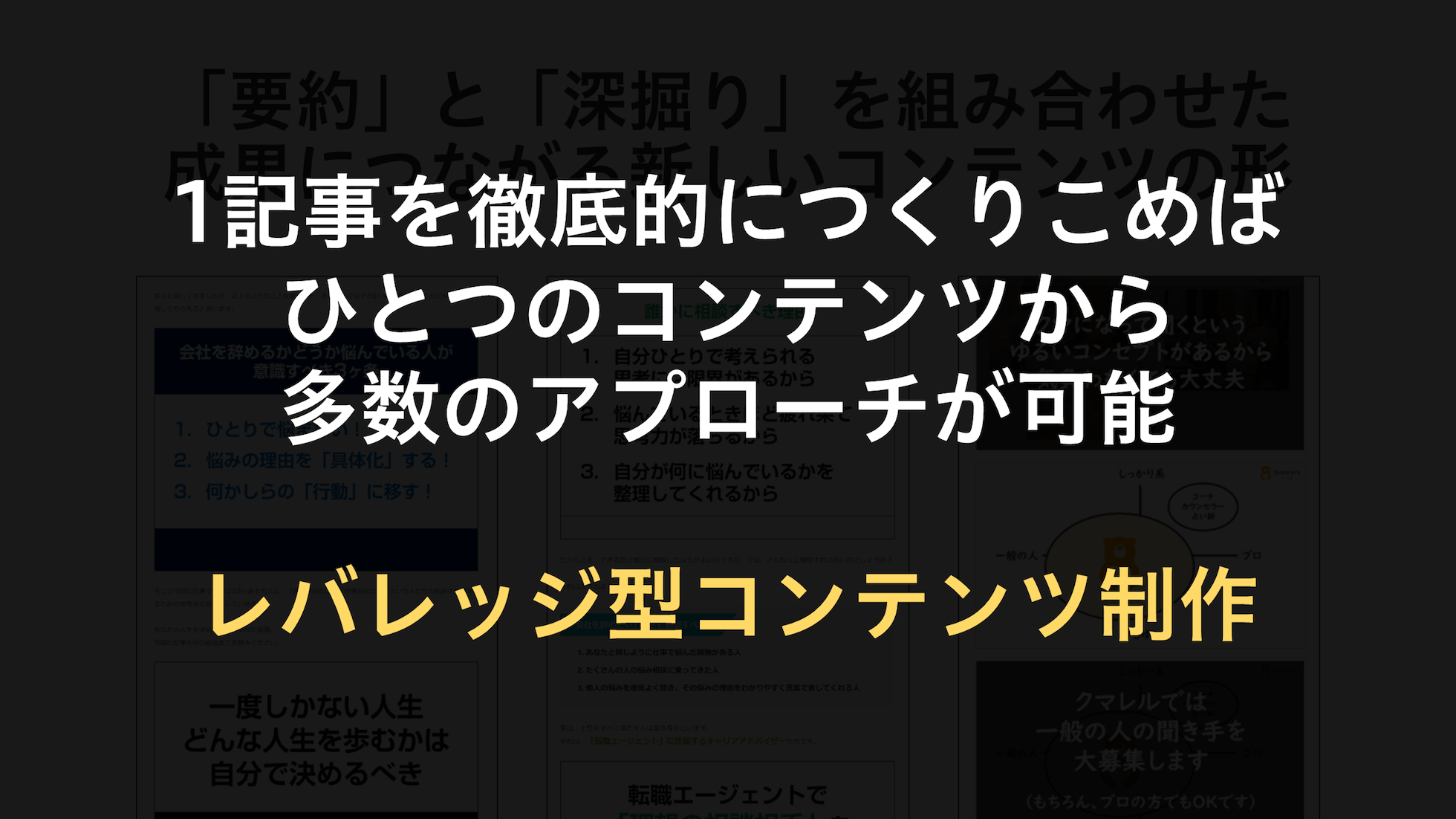 1記事を徹底的につくりこめば、ひとつのコンテンツから多数のアプローチが可能。レバレッジ型コンテンツ制作